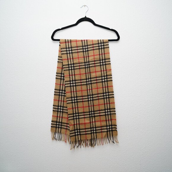 Authentic Burberry Classic Check Cashmere Fringe Scarf OS Tan/Black/Red - Picture 1 of 10